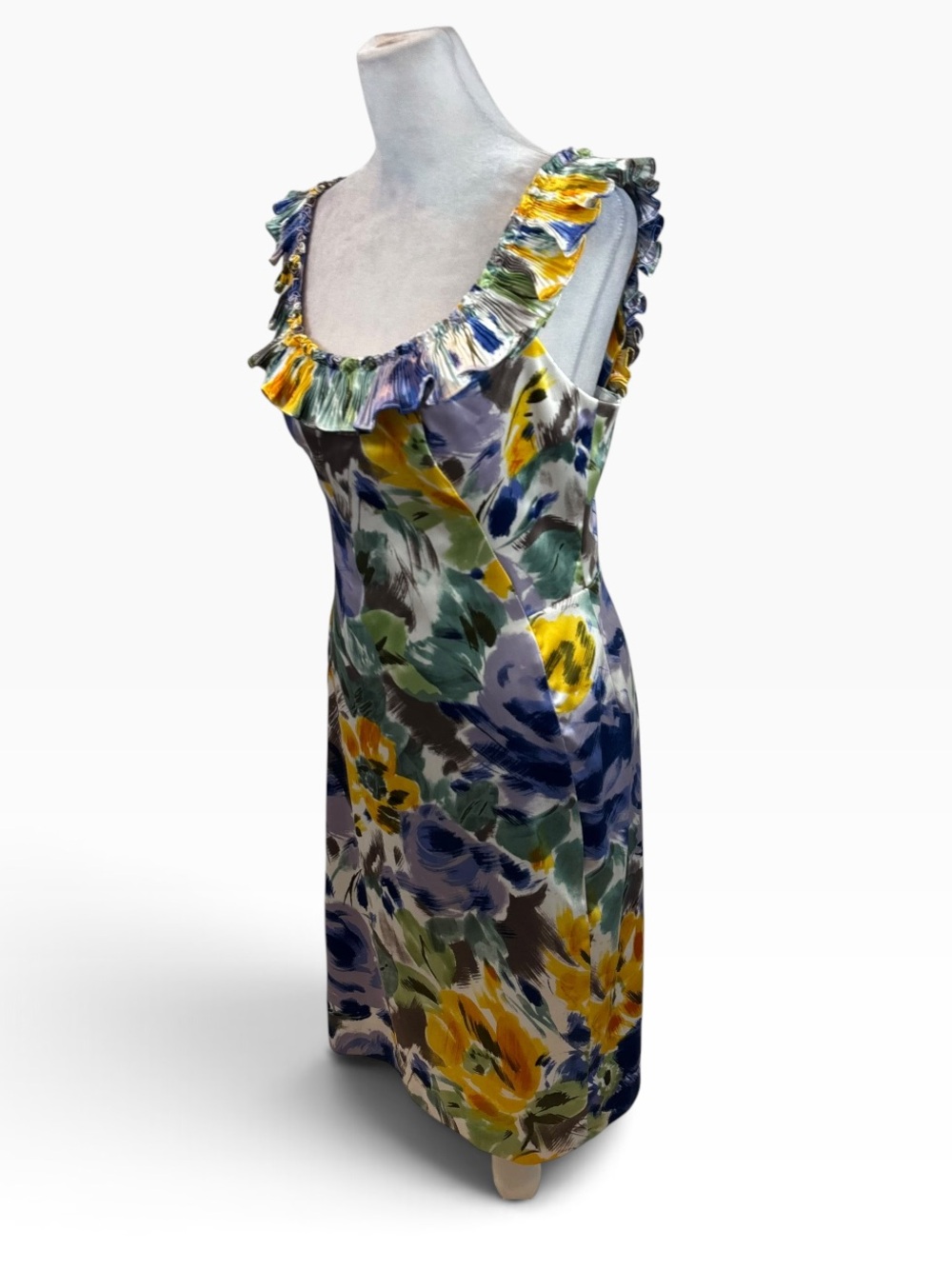 Ladies Maggy London Floral Satin Ruffle Neckline Midi Dress Size 6